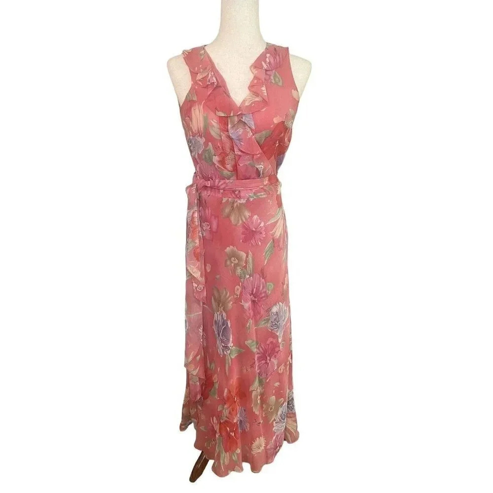 Lauren Ralph Lauren 100% Silk Dress Womens 4 Pink Floral Flounce Maxi Wrap Y2K